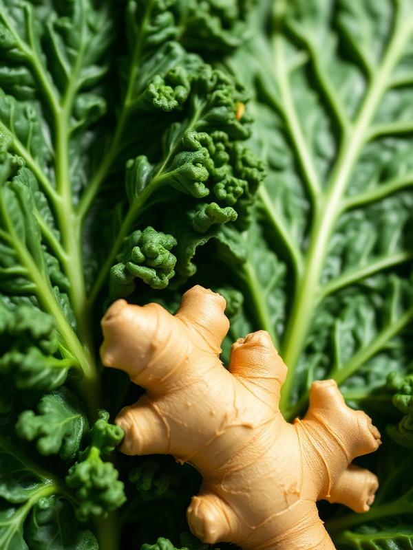 Fresh kale leaves and ginger root